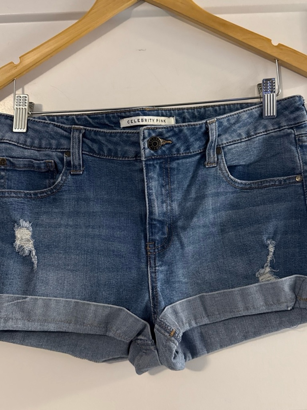Celebrity Pink Classic Blue Distressed Denim Roll-Cuff Shorts
